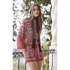 BCBGMAXAZRIA Chiffon Romper Soren Print RollTab Sleeve Pink Coastal Beach Chic